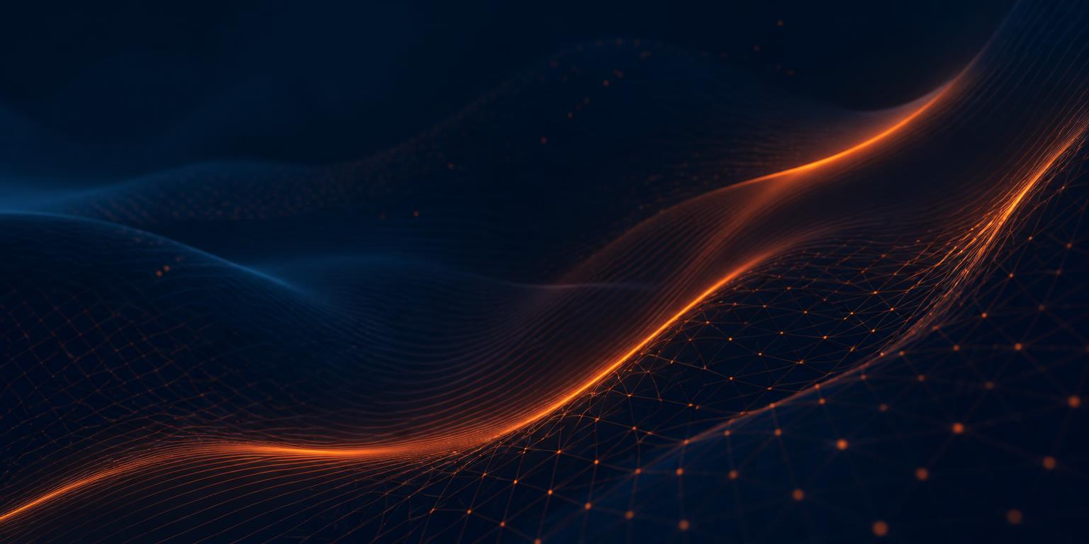 Abstract flowing orange lines over a navy connected grid