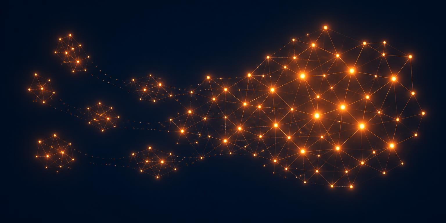 Abstract clusters of glowing orange points merging into one connected constellation on deep navy