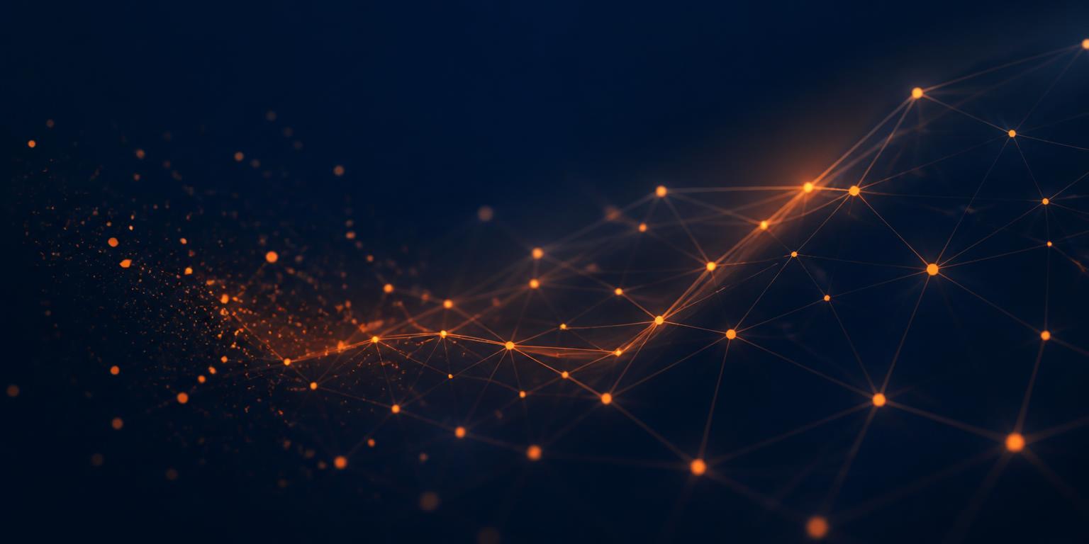 Abstract network of connected nodes glowing in orange on deep navy